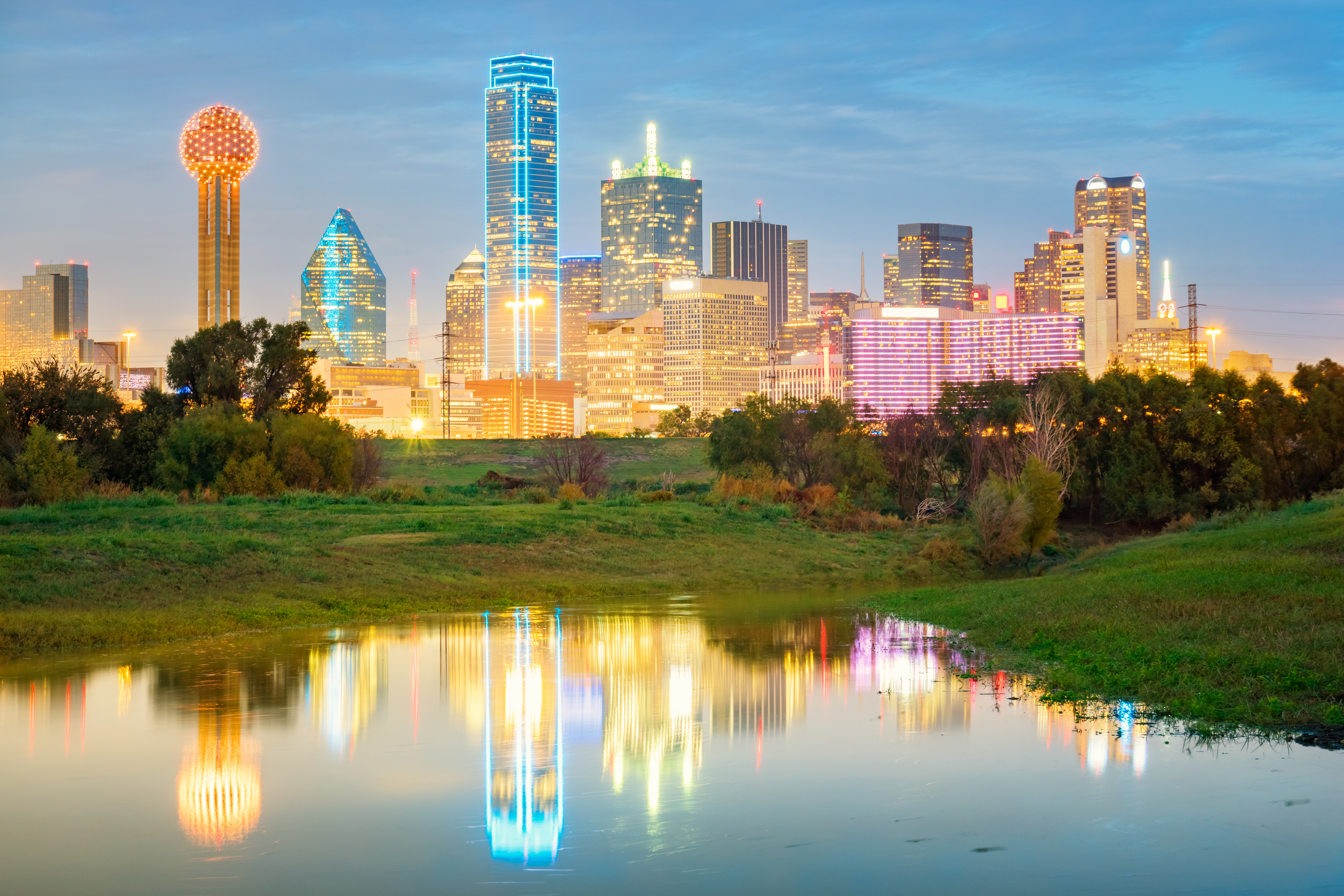 skyline view of Dallas Texas in evening skyline view of Dallas Texas in evening