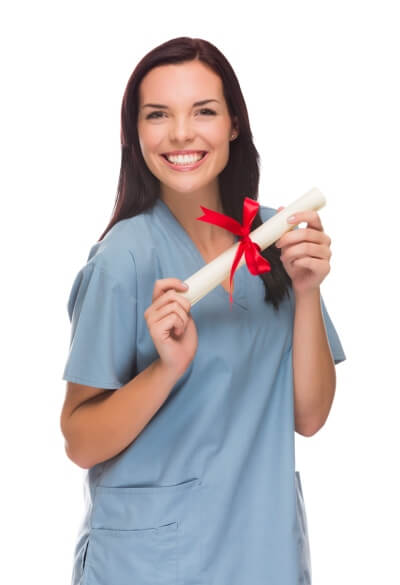 Smiling woman in scrubs holding graduation diploma Smiling woman in scrubs holding graduation diploma