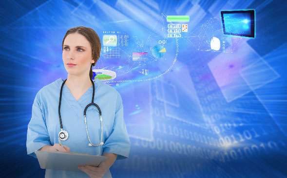 healthcare professional standing in front of futuristic background with computers healthcare professional standing in front of futuristic background with computers