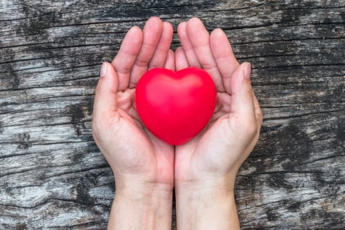 heart resting on open hands on black distressed wood background heart resting on open hands on black distressed wood background