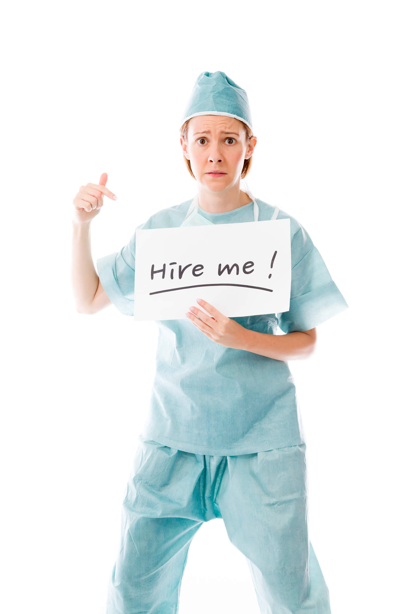 healthcare professionals in scrubs pointing to sign saying Hire Me healthcare professionals in scrubs pointing to sign saying Hire Me