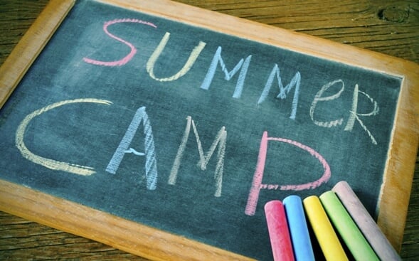 Words Summer Camp written in multicolored chalk Words Summer Camp written in multicolored chalk