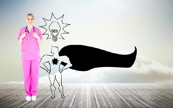 woman in scrubs standing next to graphic superhero woman in scrubs standing next to graphic superhero