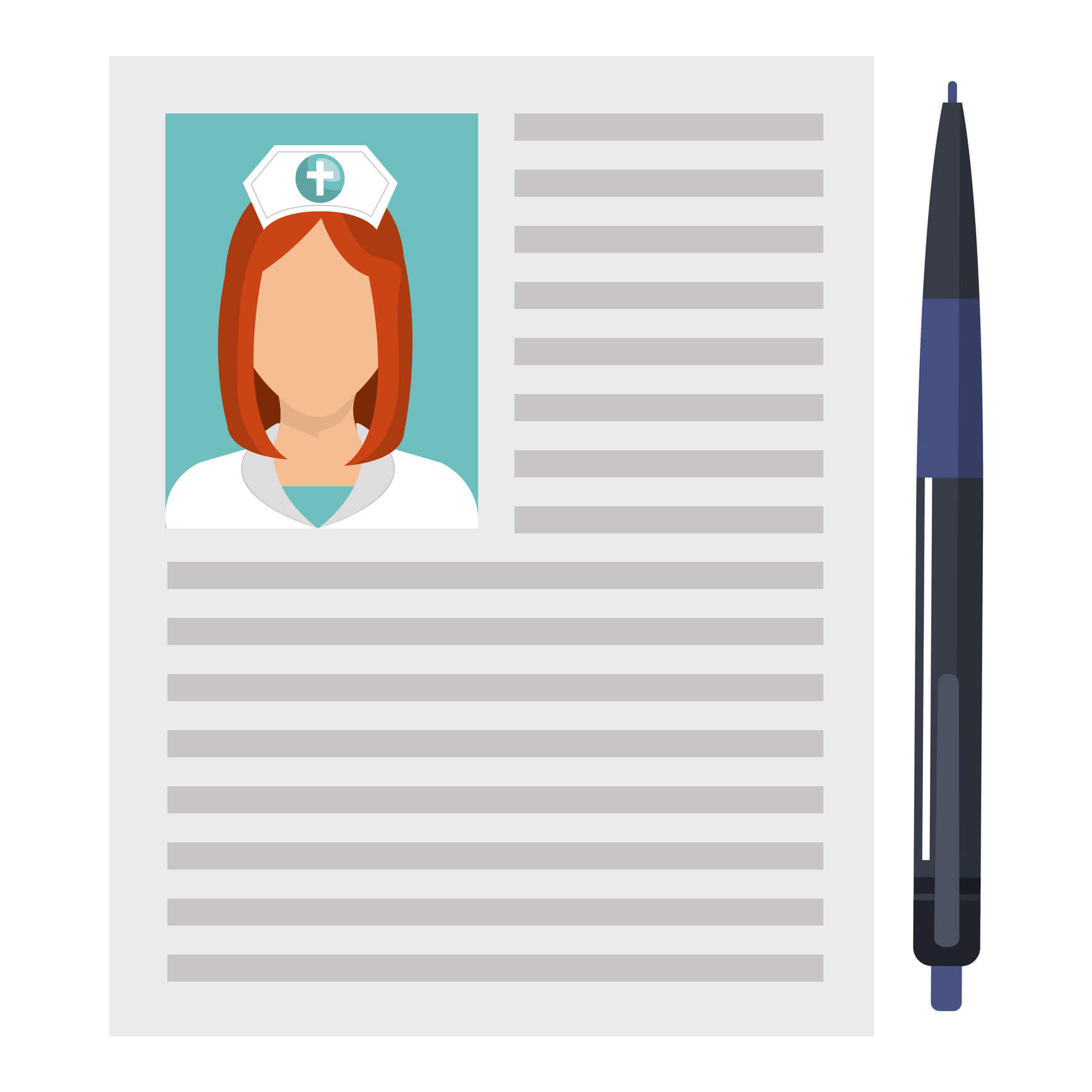 graphic of resume with nurse image in top corner and pen on side graphic of resume with nurse image in top corner and pen on side