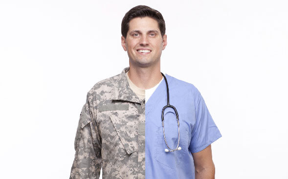man standing with half camouflage military clothes and half blue scrubs man standing with half camouflage military clothes and half blue scrubs